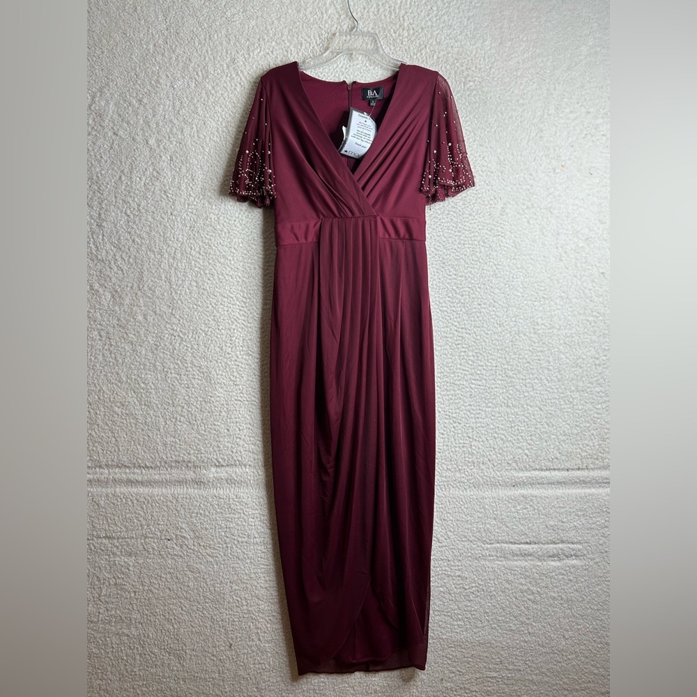 NWT Betsy & Adam Womens Maroon Embellished Sleeve Dress Size 6